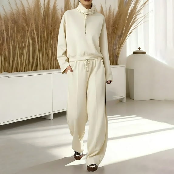 Pyhlmscde Women's 2 Piece Casual Lapel Sweatshirts and Wide Leg Pants Warm Up Tracksuit Set