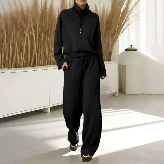 Pyhlmscde Women's 2 Piece Matching Set Lapel Sweatshirt Wide Leg Pants Casual Warm Up Outfit