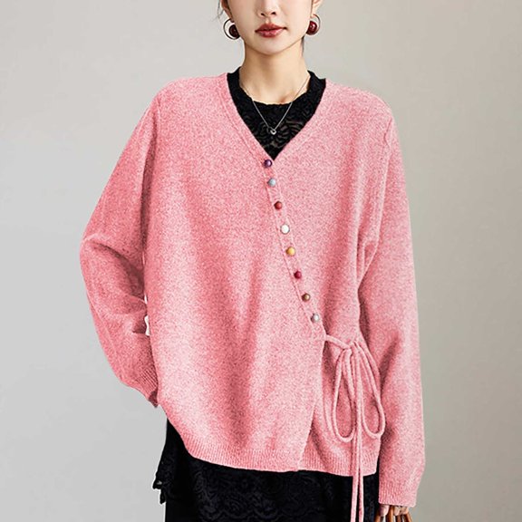 Pyhlmscde Women's Button Up Long Sleeve Crew Neck Lightweight Knit Loose Sweater Tops, Fall Outfits for Women, Cardigan Sweaters for Women, Women Fall Clothes