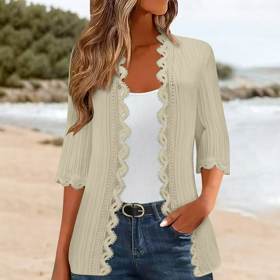 Pyhlmscde Women's Cardigans Summer Jackets for Women UK Sweater Clothing Lightweight Solid Color Beach Lace Side Open Front Casual Thin Cover Up Cardigan 3/4 Sleeve