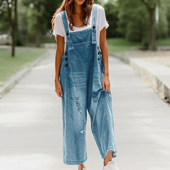 Pyhlmscde Women's Casual Classic Blue Daily Denim Overalls Jumpsuit, Rompers for Women, Fall Clothes, Rompers for Women Dressy