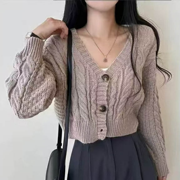 Pyhlmscde Women's Cropped Chunky Cable Knit Long Sleeves Down Coat, Womens Tops, Cable Knit Sweater Women, Fall Clothes for Women