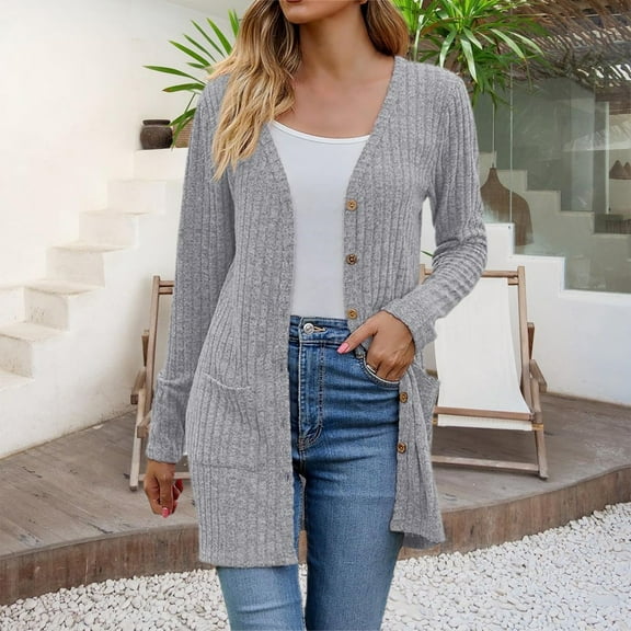 Pyhlmscde Women's Elegant Ribbed Long Sleeve Button Knitted Cardigan, Womens Tops, Cardigan Sweaters for Women, Fall Clothes for Women
