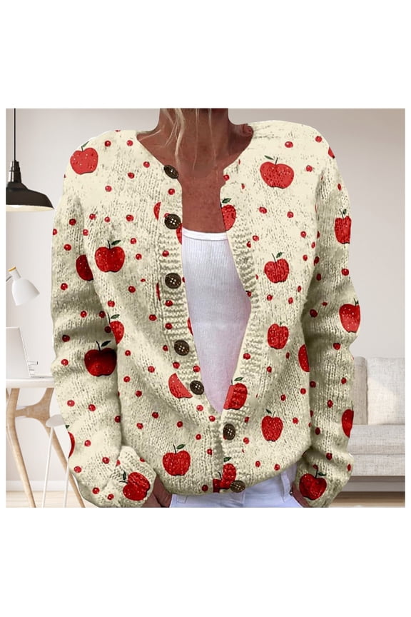 Women's Fall Cute Print Knit Cardigan Sweater, Womens Tops, Fall Clothes, Cardigan Sweaters for Women