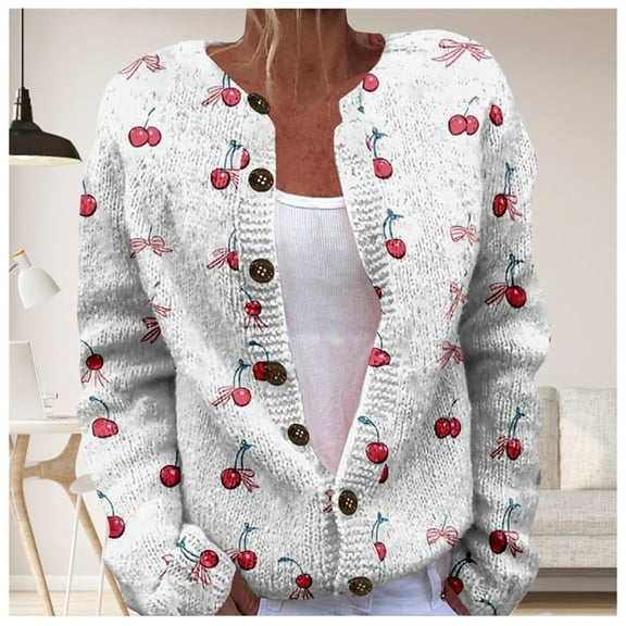 Pyhlmscde Women's Fall Cute Print Open Front Knit Cardigan Sweater Winter Casual Loose Button Down Long Sleeve Coat, Cardigan Sweaters for Women, Womens Tops, Fall Clothes