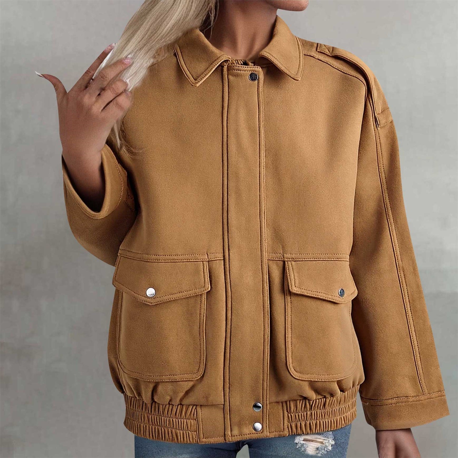 Women Autumn Design Pocket Suede Bomber Jacket Coat
