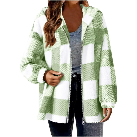 Pyhlmscde Women's Fuzzy Fleece Zip Up Hooded Warm Plaid Coats, Fleece Jacket Women, Womens Tops, Fall Coats