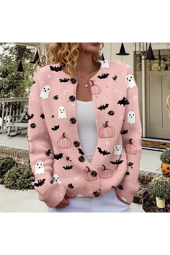 Women's Halloween Printed Loose Casual Knit Cardigan Outerwear, Cardigan Sweaters for Women, Fall Clothes, Womens Tops