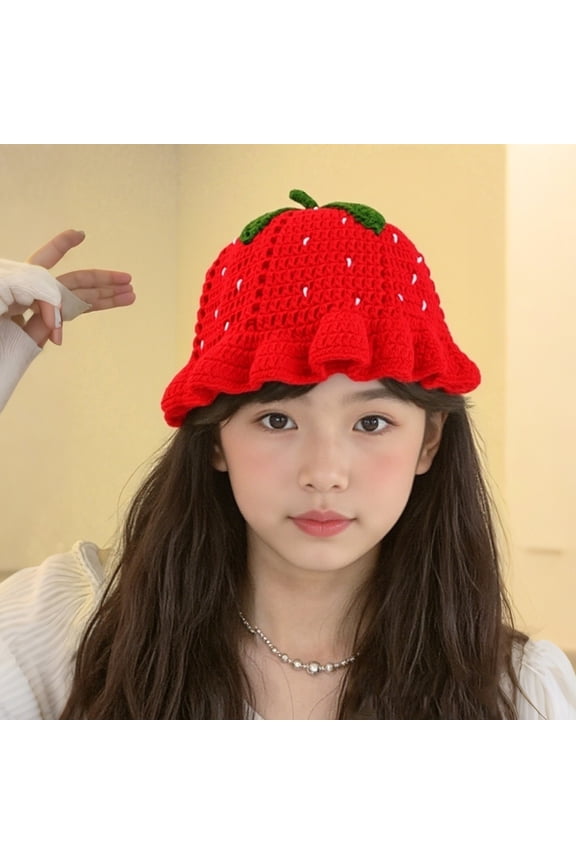 Women's Hand Crocheted Knitted Ruffled Strawberry Designed Wool Hat, Bucket Hat, Womens Hats, Crochet Hat