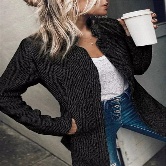 Pyhlmscde Women's Herringbone Open Front Business Jacket Casual Long Sleeve Notch Lapel Overcoats, womens blazers for work casual, plus size blazers for curvy women, womens blazers dressy casual