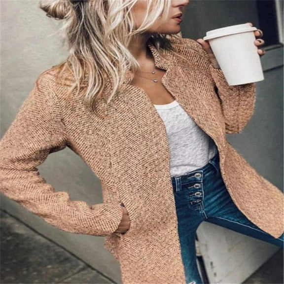 Pyhlmscde Women's Herringbone Open Front Business Jacket Casual Long Sleeve Notch Lapel Overcoats, womens blazers for work casual, plus size blazers for curvy women, womens blazers dressy casual