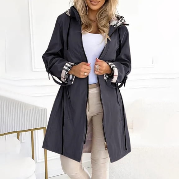 Pyhlmscde Women's Hooded Zipper Plaid Print Casual Long Coat, Womens Tops, Cardigan for Women, Womens Winter Coats