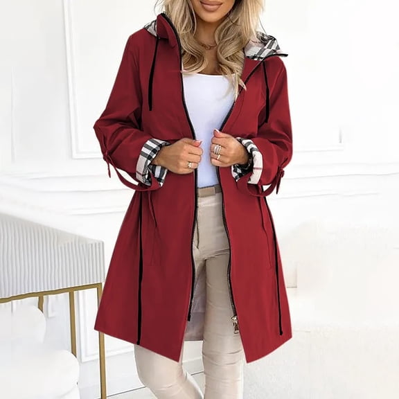 Pyhlmscde Women's Hooded Zipper Plaid Print Casual Long Coat, Womens Tops, Cardigan for Women, Womens Winter Coats