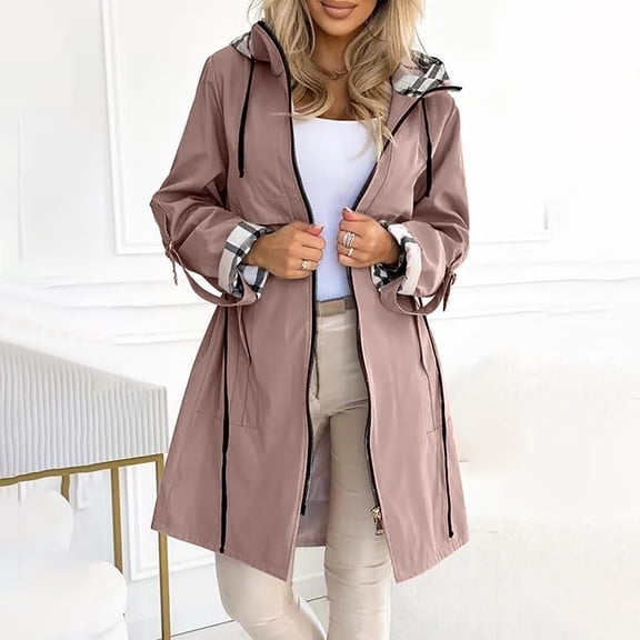 Pyhlmscde Women's Hooded Zipper Plaid Print Casual Long Coat, Womens Tops, Cardigan for Women, Womens Winter Coats