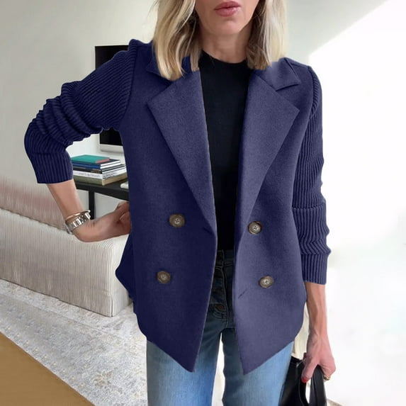 Pyhlmscde Women's Lapel Knitted Patchwork Sleeve Casual Coat Cropped Double Breasted Suit Sweater For Women, lightweight trench coat women, short trench coats for women, jackets for women