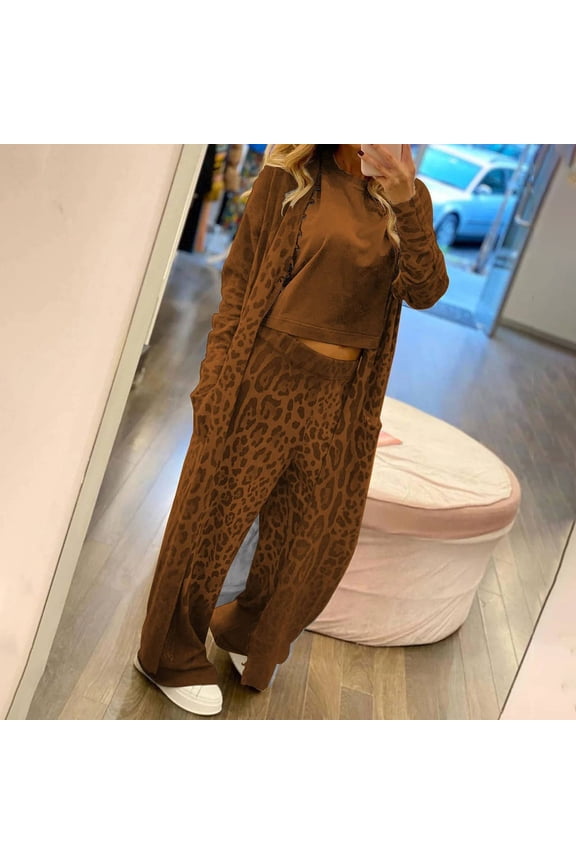 Women's Leopard Print Long Sleeved Cardigan Jacket And Trousers Two Piece Set, 2 Piece Sweater Sets For Women, Suits For Women, Womens Set