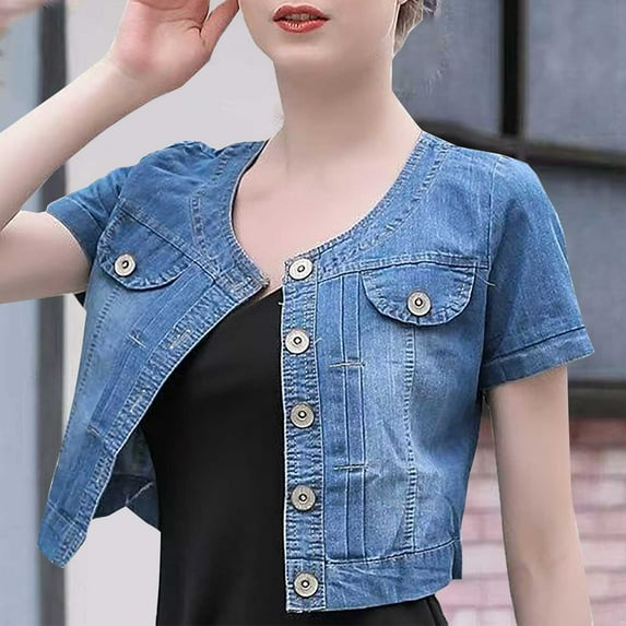 Pyhlmscde Women's Lightweight Versatile Short Sleeved Round Neck Denim Jacket, Denim Top, Womens Tops, Denim Jacket for Women
