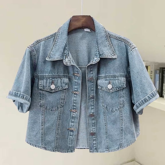 Pyhlmscde Women's Lightweight Versatile Short Sleeved Round Neck Denim Jacket, Denim Top, Womens Tops, Denim Jacket for Women