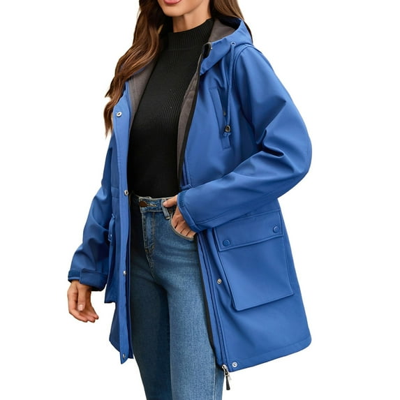 Pyhlmscde Women's Long Plush Raincoat Hooded Windbreaker Outdoor Coat, Rain Jacket Women, Womens Tops, Women Fall Clothes