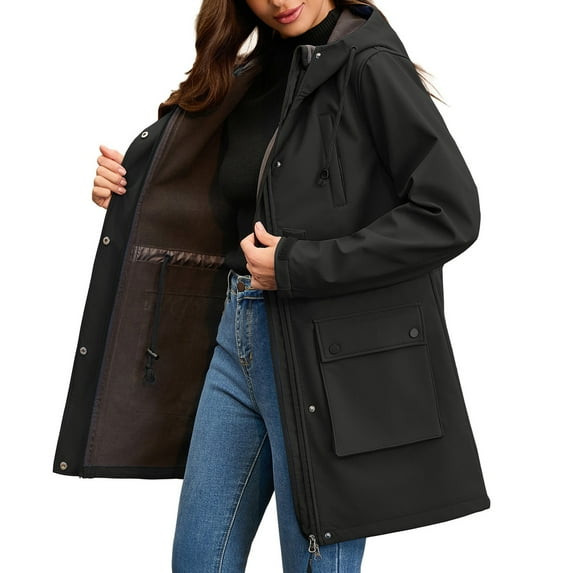 Pyhlmscde Women's Long Plush Raincoat Hooded Windbreaker Outdoor Coat, Rain Jacket Women, Womens Tops, Women Fall Clothes