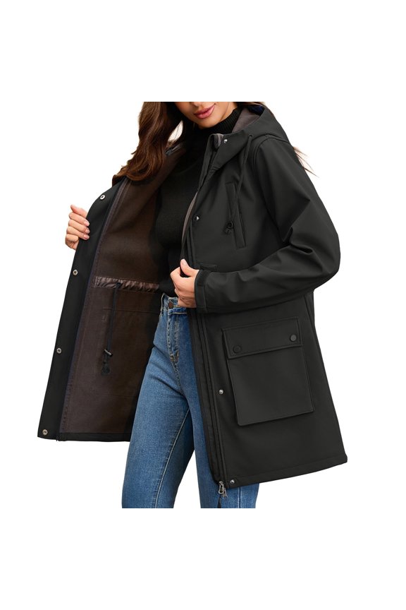 Women's Long Plush Raincoat Hooded Windbreaker Outdoor Coat, Rain Jacket Women, Womens Tops, Women Fall Clothes