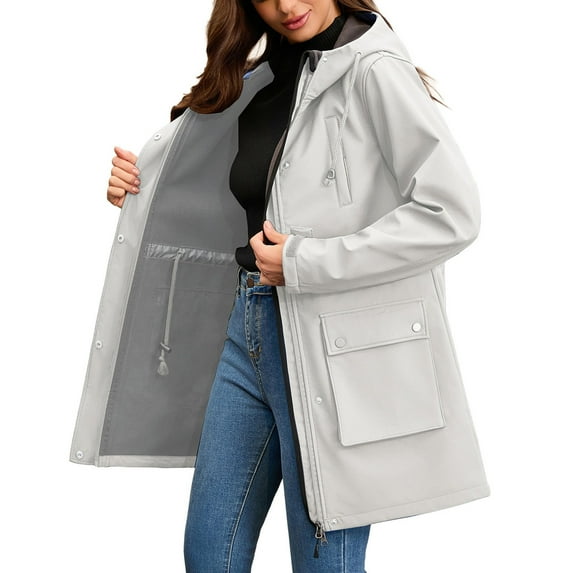 Pyhlmscde Women's Long Plush Raincoat Hooded Windbreaker Outdoor Coat, Rain Jacket Women, Womens Tops, Women Fall Clothes