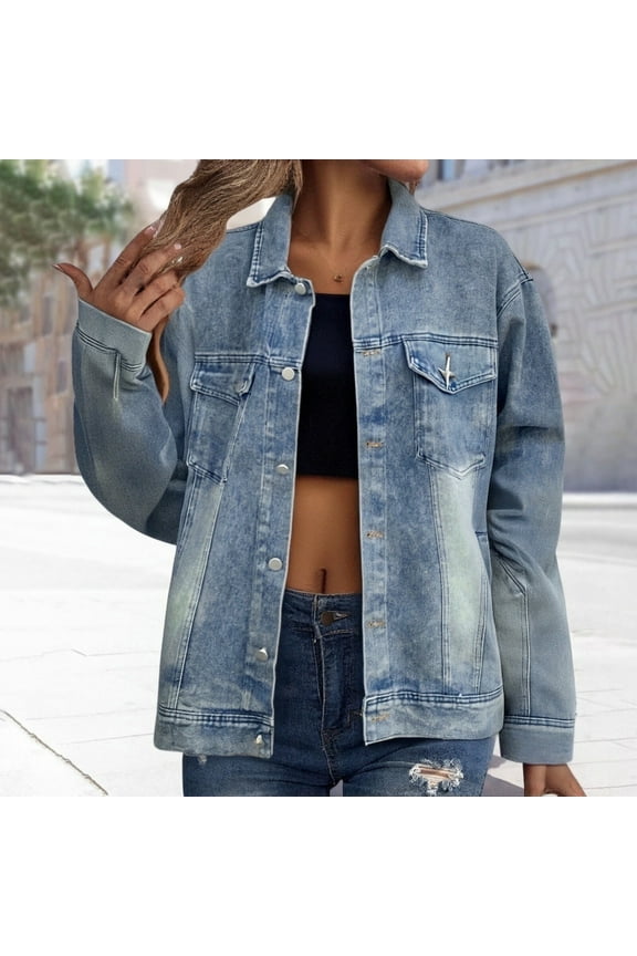 Women's Loose Patchwork Mid Long Sleeved Denim Jacket Top, Denim Top, Fall Clothes, Denim Jacket for Women
