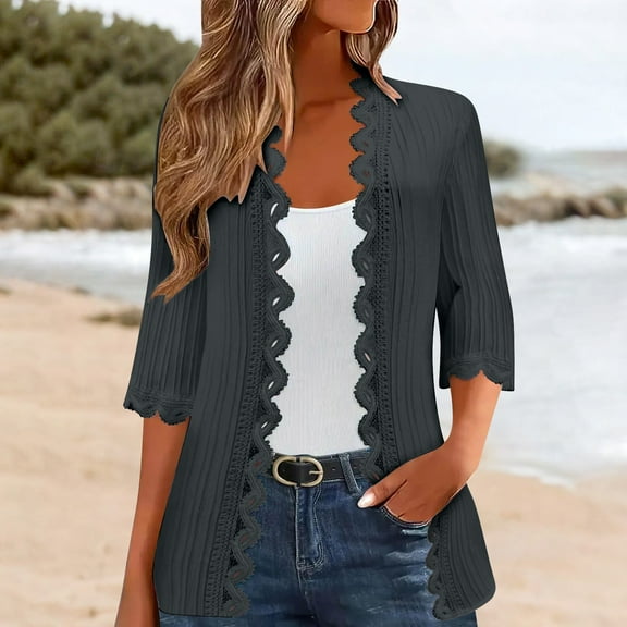 Pyhlmscde Women's Open Front Cardigans Lightweight 3/4 Sleeve Lace Kimono Soft Draped Cover Ups, Lace Cardigan for Women, 3/4 Sleeve Cardigan, Fitted Cardigan