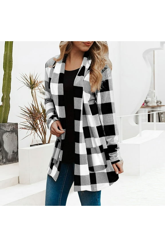 Women's Open Front Long Cardigan Draped Snap Buffalo Plaid Shirt Knit Sweater, Plaid Shirt Women, Black And White Flannel, Plaid Long Sleeve Shirts for Women