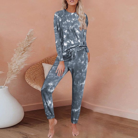 Pyhlmscde Women's Outer Wear Home Suit Women's European And American Autumn And Winter New Tie Dye Printed Long Sleeved Trousers Split Pajamas, Tie Front Sets Women 2 Piece Outfits