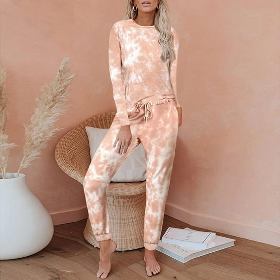 Pyhlmscde Women's Outer Wear Home Suit Women's European And American Autumn And Winter New Tie Dye Printed Long Sleeved Trousers Split Pajamas, Tie Front Sets Women 2 Piece Outfits