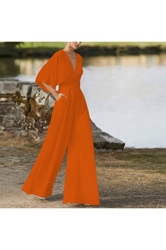 Women's Short Sleeve V Neck Solid Color Jumpsuit Romper, Jumpsuits for Women, Short Sleeve Shirts for Women, 2 Piece Sets for Women Summer