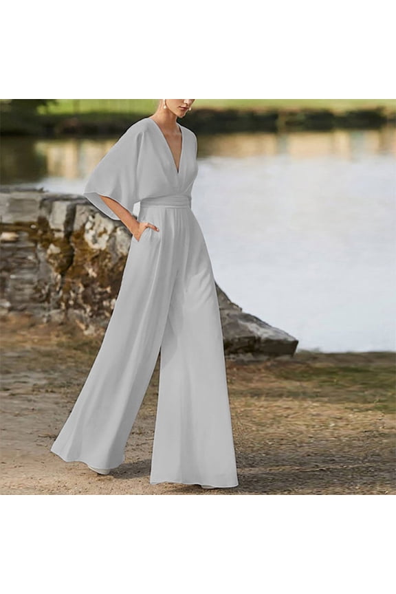 Women's Short Sleeve V Neck Solid Color Jumpsuit Romper, Jumpsuits for Women, Short Sleeve Shirts for Women, 2 Piece Sets for Women Summer