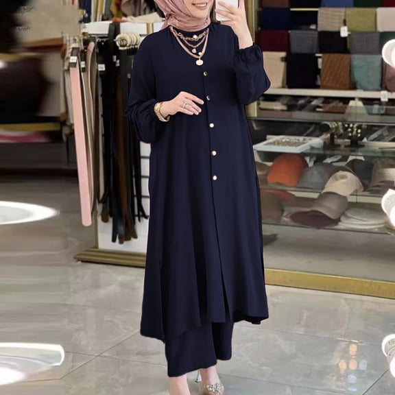 Pyhlmscde Women's Solid Color Long Sleeved Shirt And Pants Set, Women Fall Clothes, Muslim Abaya Dress for Women, Loungewear Sets Woman