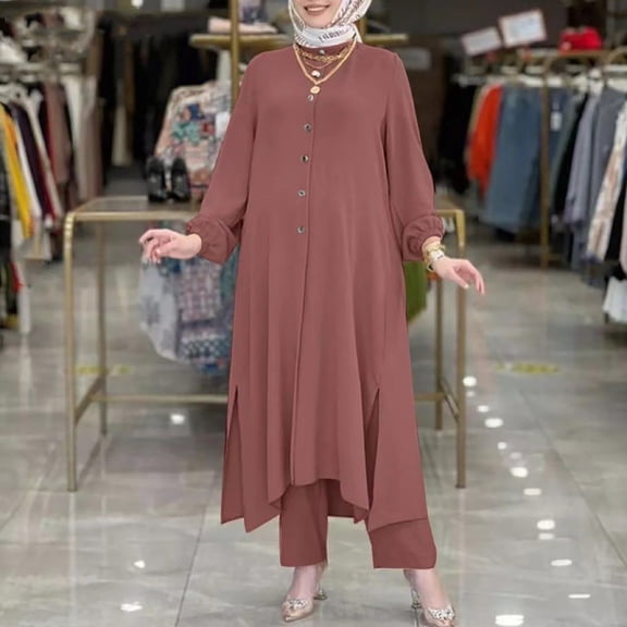 Pyhlmscde Women's Solid Color Long Sleeved Shirt And Pants Set, Women Fall Clothes, Muslim Abaya Dress for Women, Loungewear Sets Woman