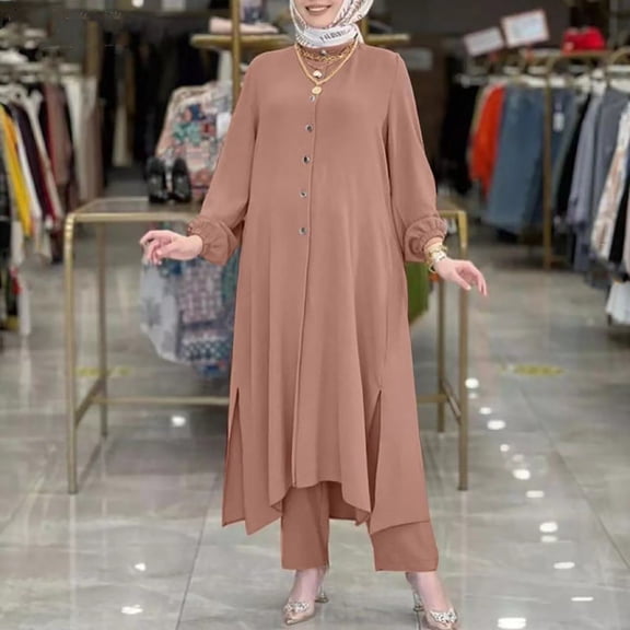 Pyhlmscde Women's Solid Color Long Sleeved Shirt And Pants Set, Women Fall Clothes, Muslim Abaya Dress for Women, Loungewear Sets Woman