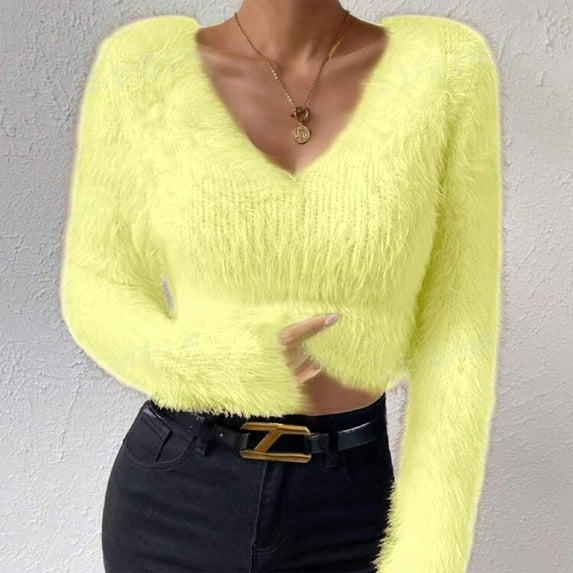 Pyhlmscde Women's Solid Color V Neck Slim Fit Versatile Sweater, Womens Tops, Sweaters for Women, Fall Clothes