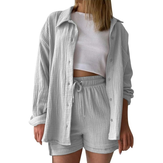 Pyhlmscde Women's Solid Color Wrinkle Cloth Lapel Long Sleeve Slit Shirt High Waist Shorts Large Size Fashion Casual Suit, Lounge Sets for Women, 3 Piece Sets for Women Summer Gray M