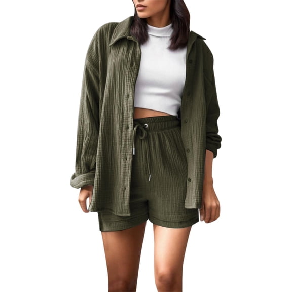 Pyhlmscde Women's Solid Spring Wrinkle Collar Long Sleeve Shirt High Waist Shorts Large Fashion Casual Set, Lounge Sets for Women, 3 Piece Sets for Women Summer Army Green XL