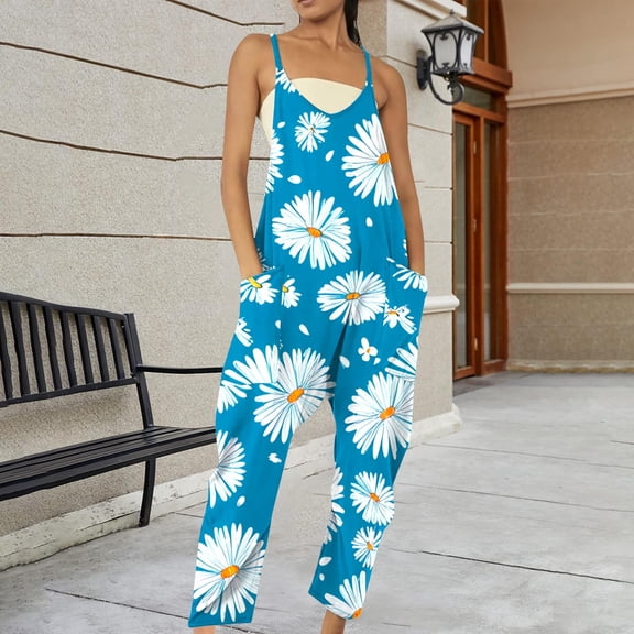 Pyhlmscde Women's V Neck Sleeveless Jumpsuits Spaghetti Straps Harem Long Pants Overalls with Pockets, Floral Jumpsuits for Women, Womens Jumpsuit, Overalls for Women