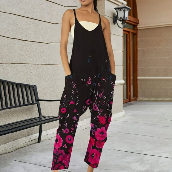 Pyhlmscde Women's V Neck Sleeveless Jumpsuits Spaghetti Straps Harem Long Pants Overalls with Pockets, Floral Jumpsuits for Women, Womens Jumpsuit, Overalls for Women