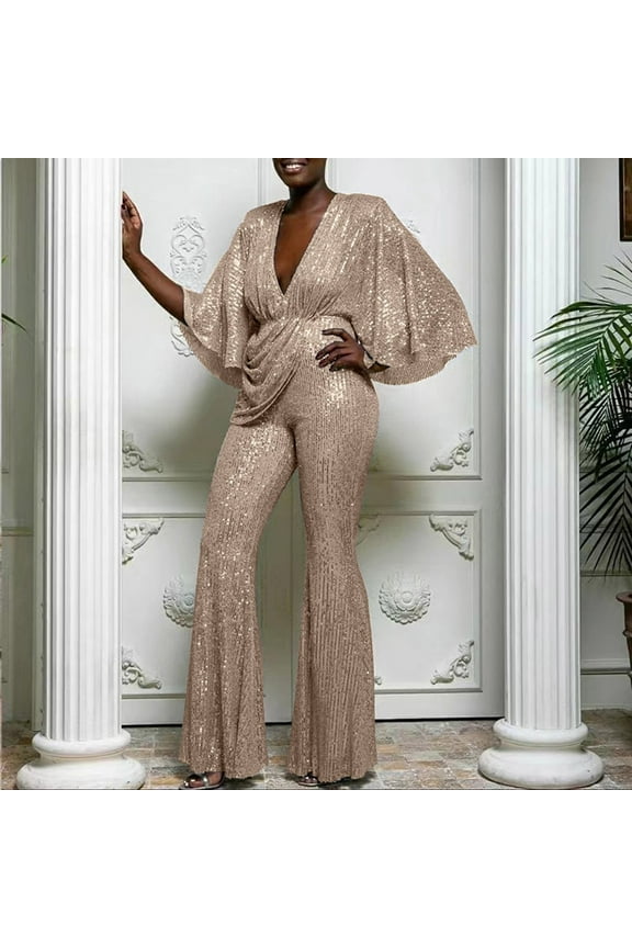 Women's Wear Sequins Deep V Neck Open Back Jumpsuit Long Pants, Gold Jumpsuit, Sequin Romper for Women, Sequin Jumpsuit