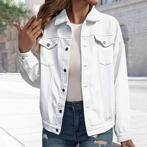 Pyhlmscde Women's White Fashionable Denim Jacket Top, Womens Tops, Fall Clothes, Denim Jacket for Women