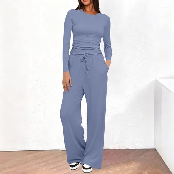 Pyhlmscde Women's Wide Leg Long Sleeve Crop Tops Matching Sets Outfits, Sweatsuits Women 2 Piece Outfit, Winter Clothes for Women, Fall Outfits for Women