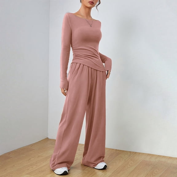 Pyhlmscde Women's Wide Leg Pants Long Sleeve Crop Tops Matching Sets Outfits, Two Piece Sets for Women, Fall Outfits for Women, Women Fall Clothes