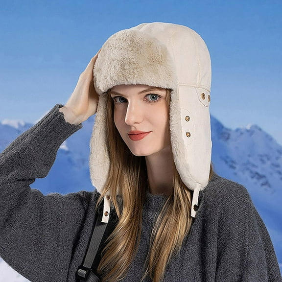 Pyhlmscde Women's Windproof Plush Fuzzy Ski Winter Adjustable Hat, Winter Hats for Women, Womens Bucket Hat, Womens Hats