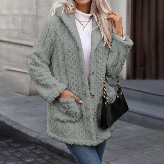 Pyhlmscde Women's Winter Warm Button Down Hooded Coat, Womens Winter Clothes, Winter Coats for Women, Long Wool Coat Women