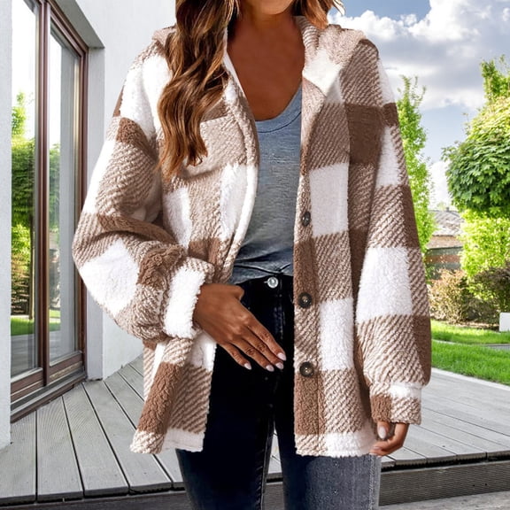 Pyhlmscde Women's Winter Warm Plush Up Button Cardigan Trendy Plaid Fuzzy Outerwear, Womens Fall Clothes, Womens Tops, Fall Coats