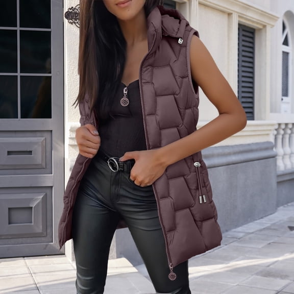 Pyhlmscde Women's long Quilted Vest hooded sleeveless Button Down puff vest cotton padded jacket winter coat, Winter Clothing for Women, Vest for Women, Puffer Jacket Womens