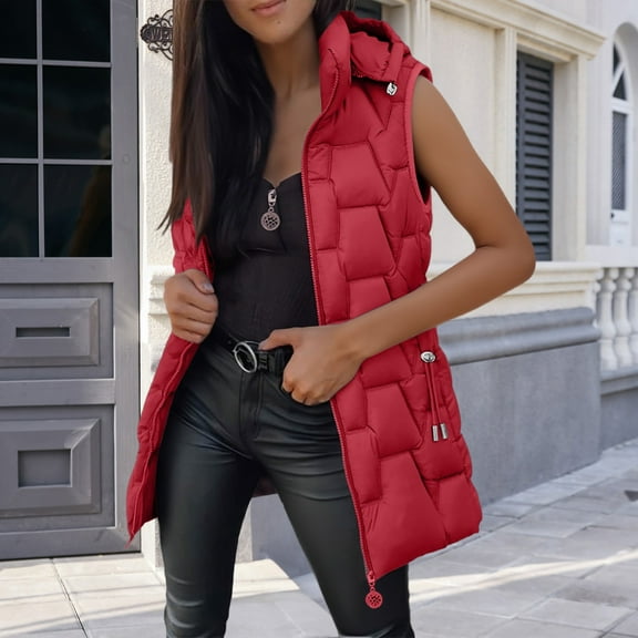 Pyhlmscde Women's long Quilted Vest hooded sleeveless Button Down puff vest cotton padded jacket winter coat, Winter Clothing for Women, Vest for Women, Puffer Jacket Womens